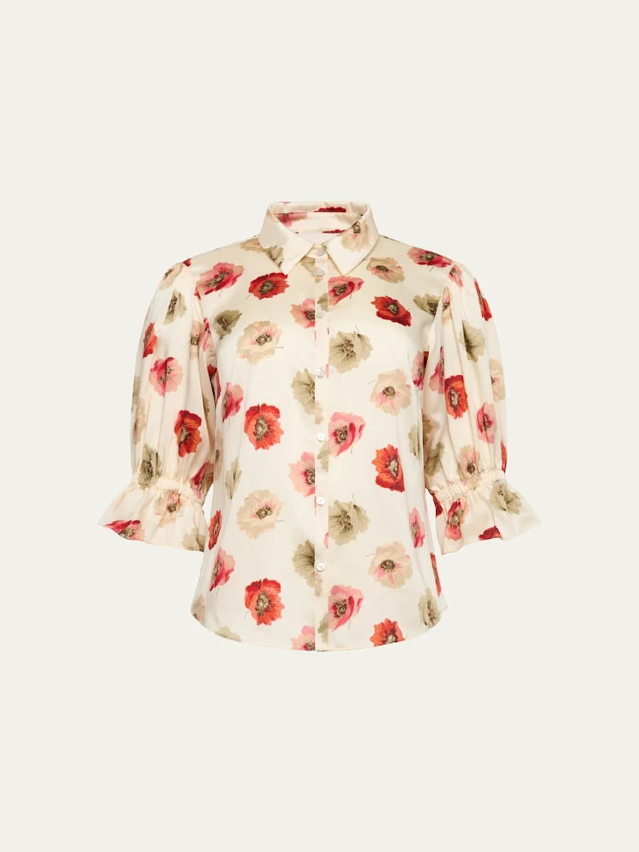 Floating Poppies Puff-Sleeve Silk Shirt - 1