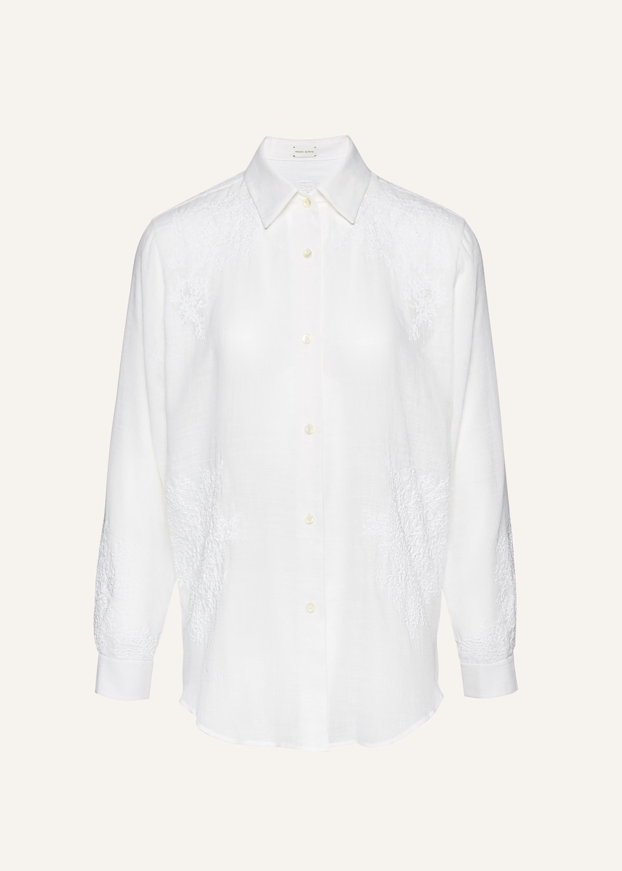 Lace embroidered linen shirt in white - 1