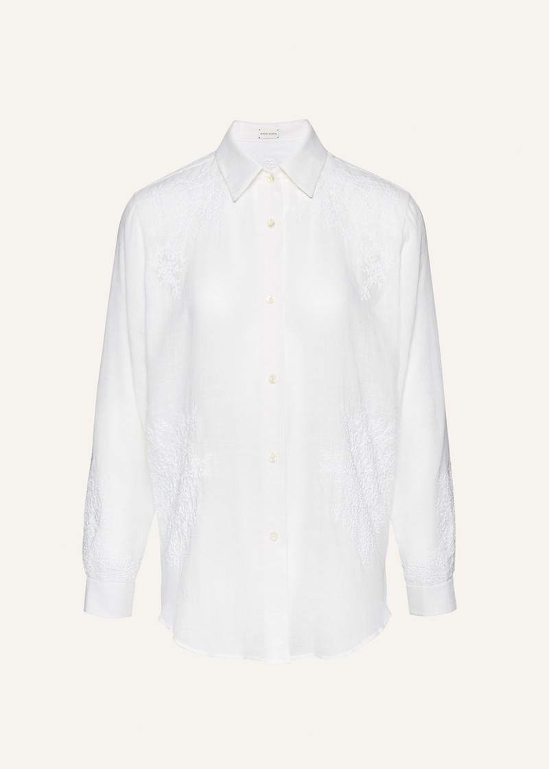 Lace embroidered linen shirt in white 1