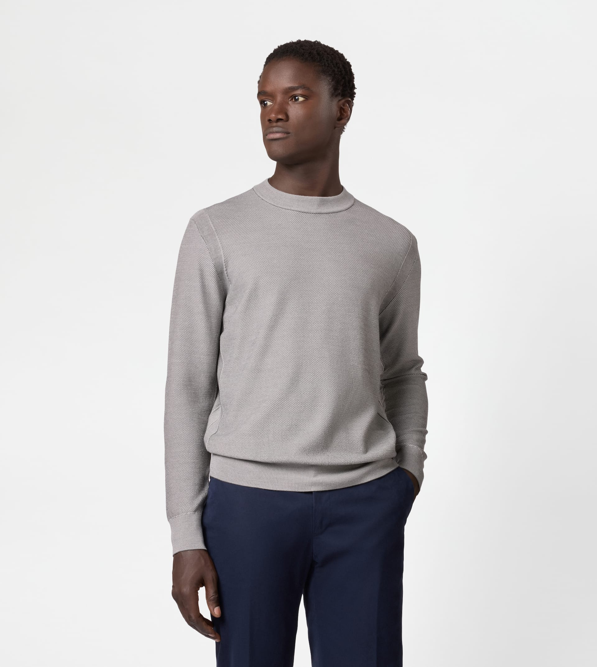 ROUND-NECK PULLOVER IN WOOL PIQUET - GREY - 3