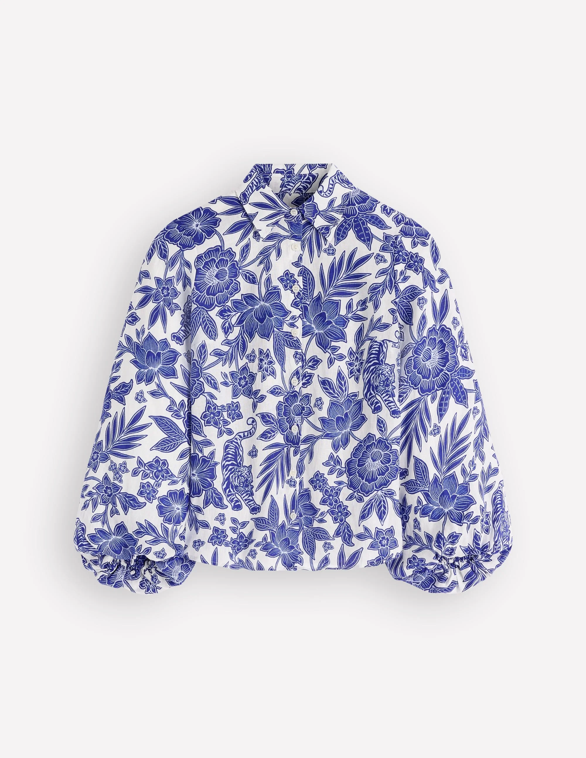 Puff Sleeve Linen Shirt-Sapphire Blue, Tigers Paradise - 1