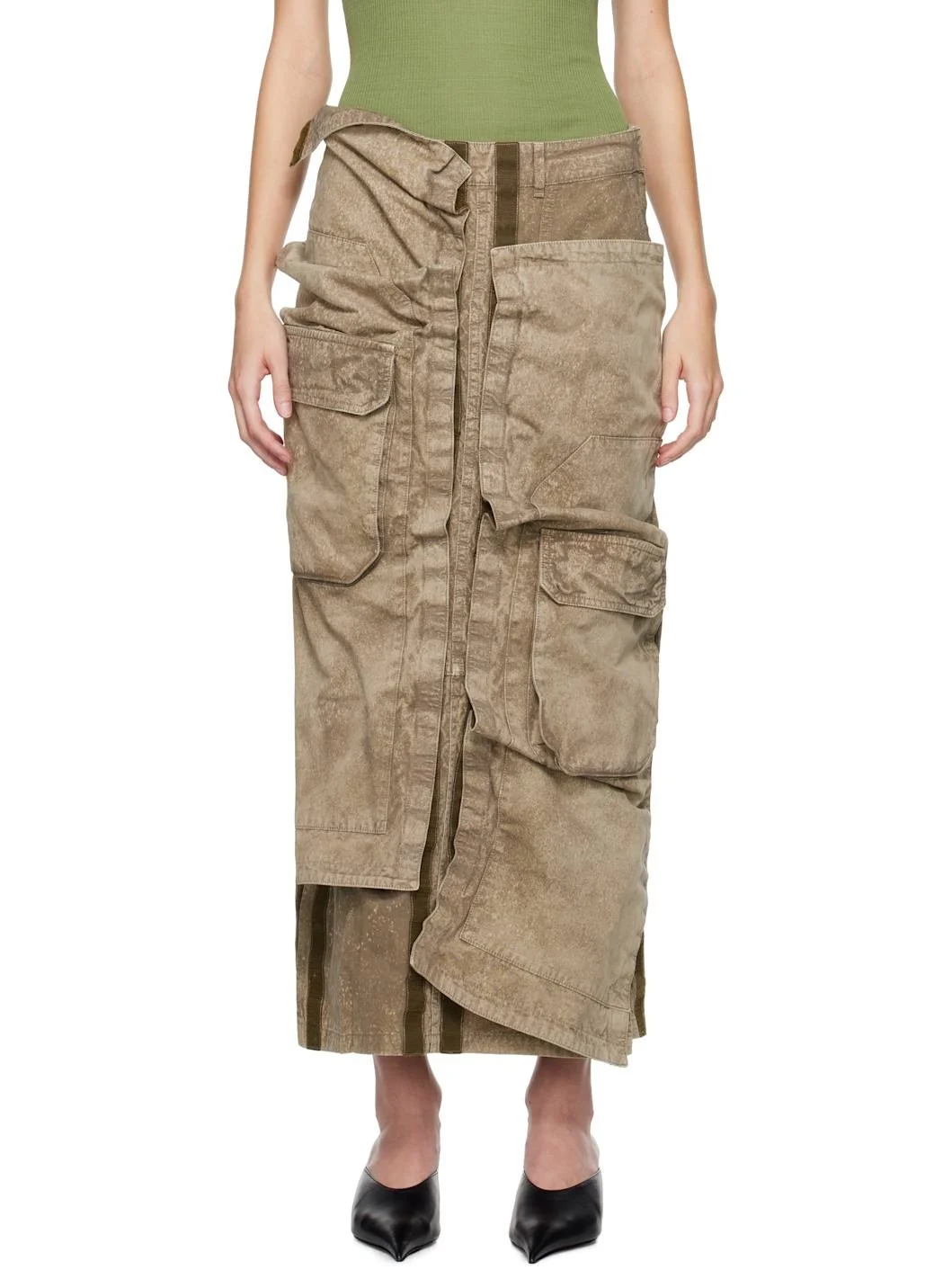 Khaki Cargo Pocket Midi Skirt - 1