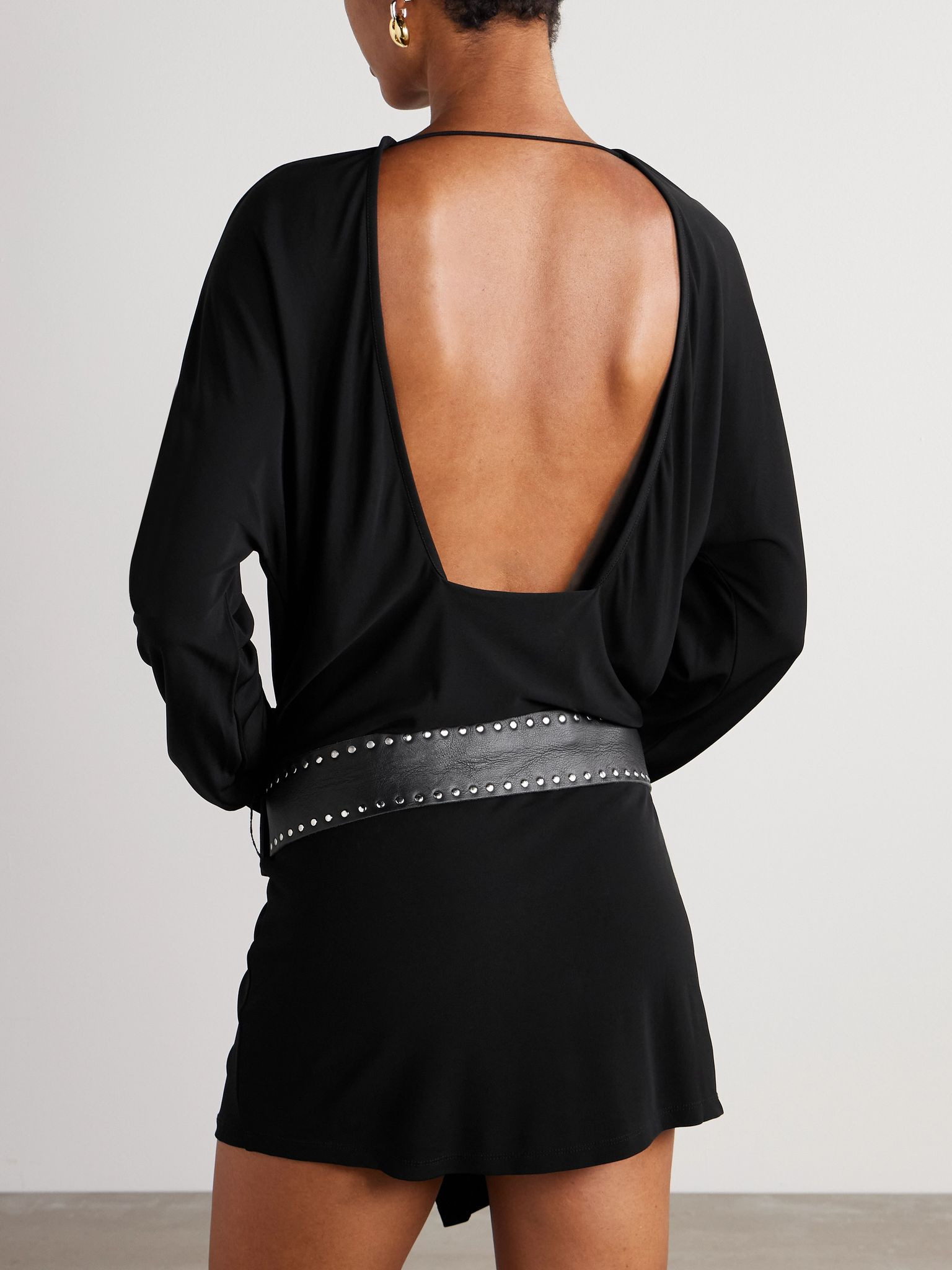 Belted open-back jersey mini dress Black - 3