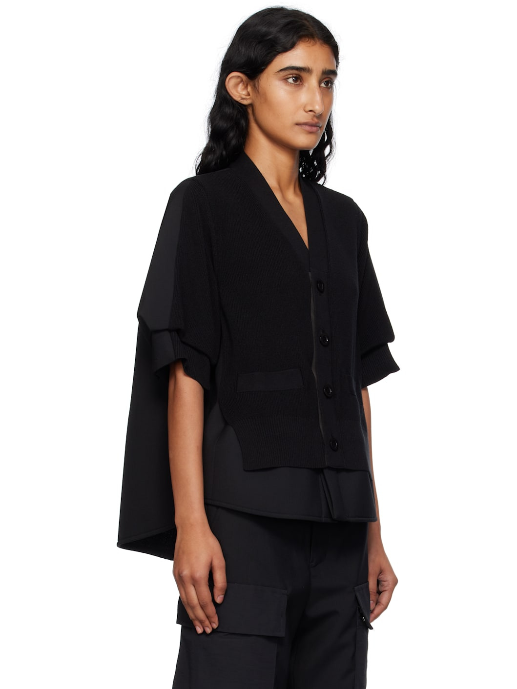 Black Suiting Mix Knit Cardigan - 2