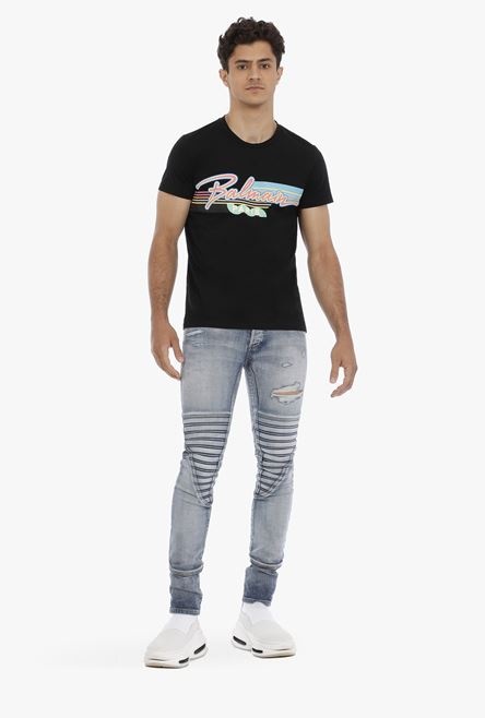 EXCLUSIVE - Black cotton T-shirt with multicolor Balmain Paris logo - 2