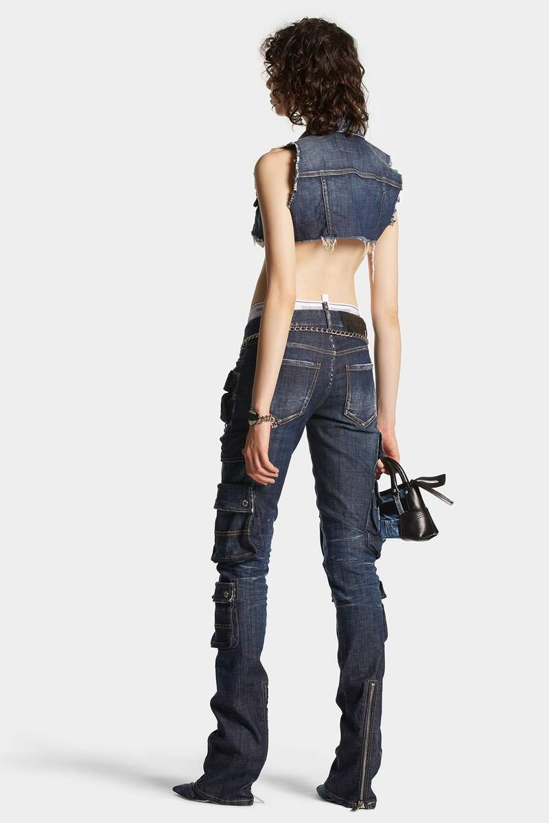 DARK CLEAN WASH DENIM TRUMPET CARGO PANT 4