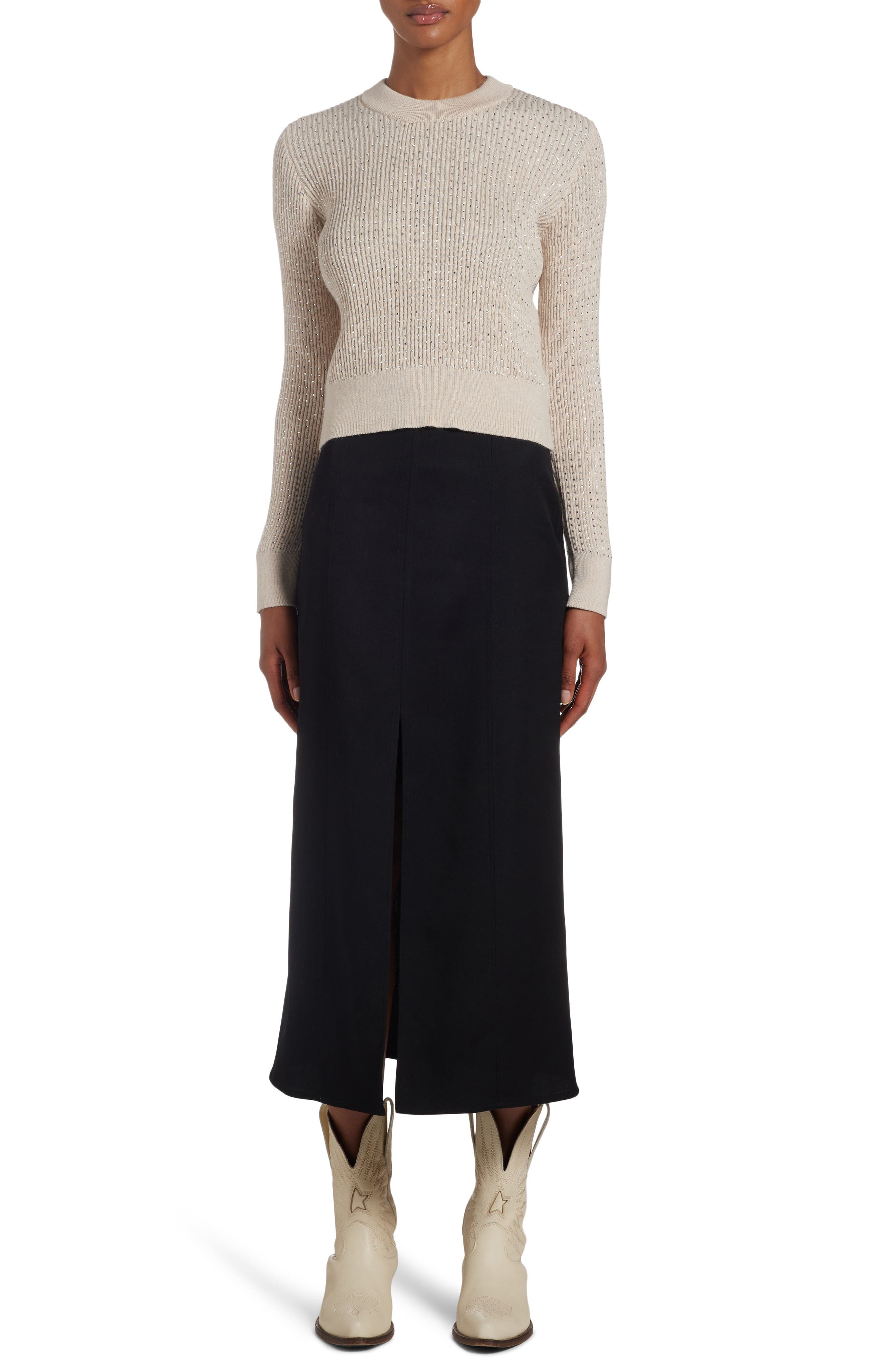Crystal Embellished Virgin Wool Rib Crewneck Sweater - 2