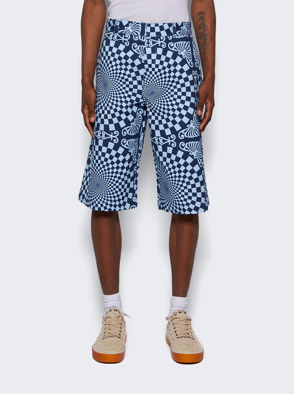 Folk Checkerboard Print Shorts Blue - 3