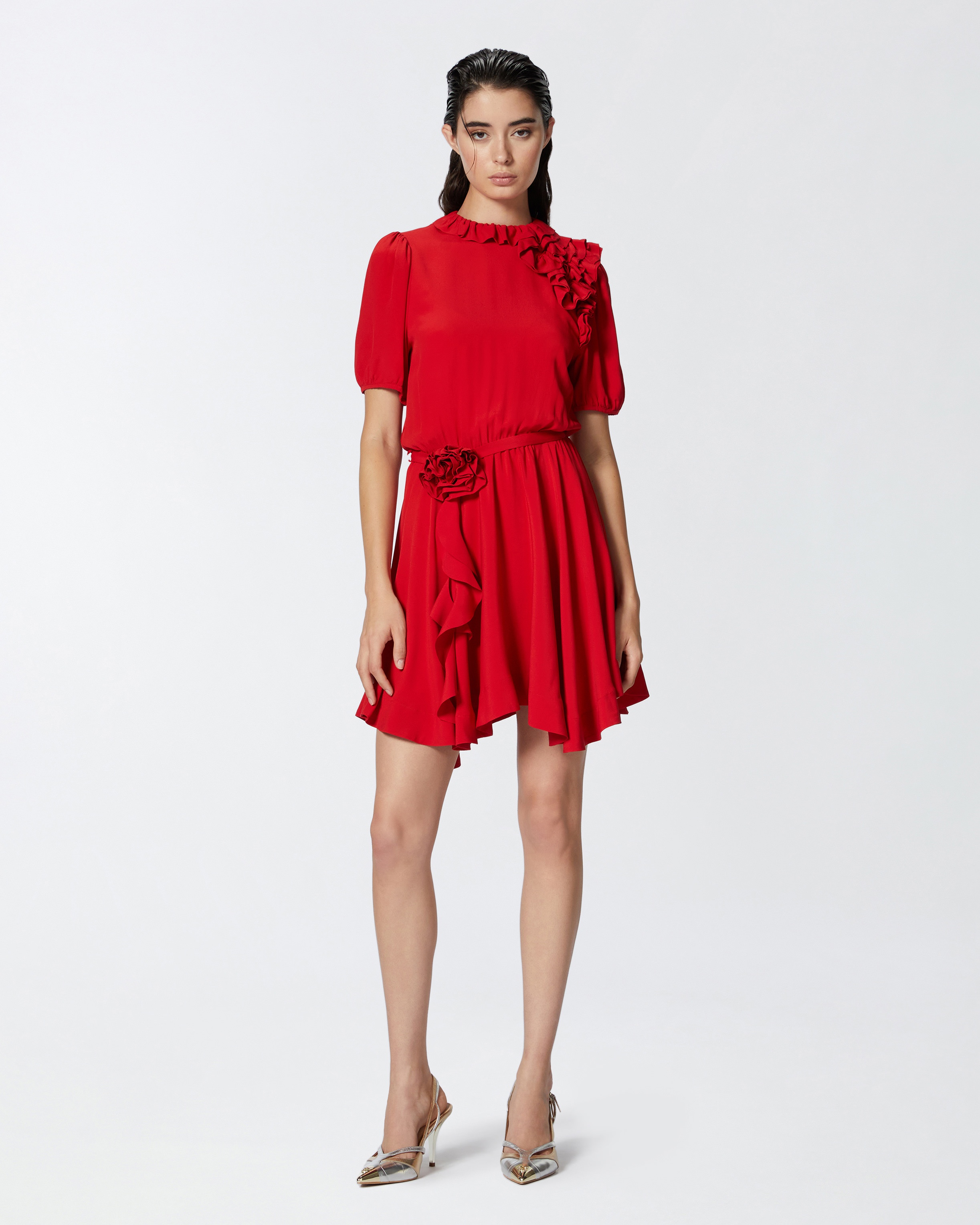 SILK-BLEND MINI DRESS WITH ROSE AND RUFFLES - 3