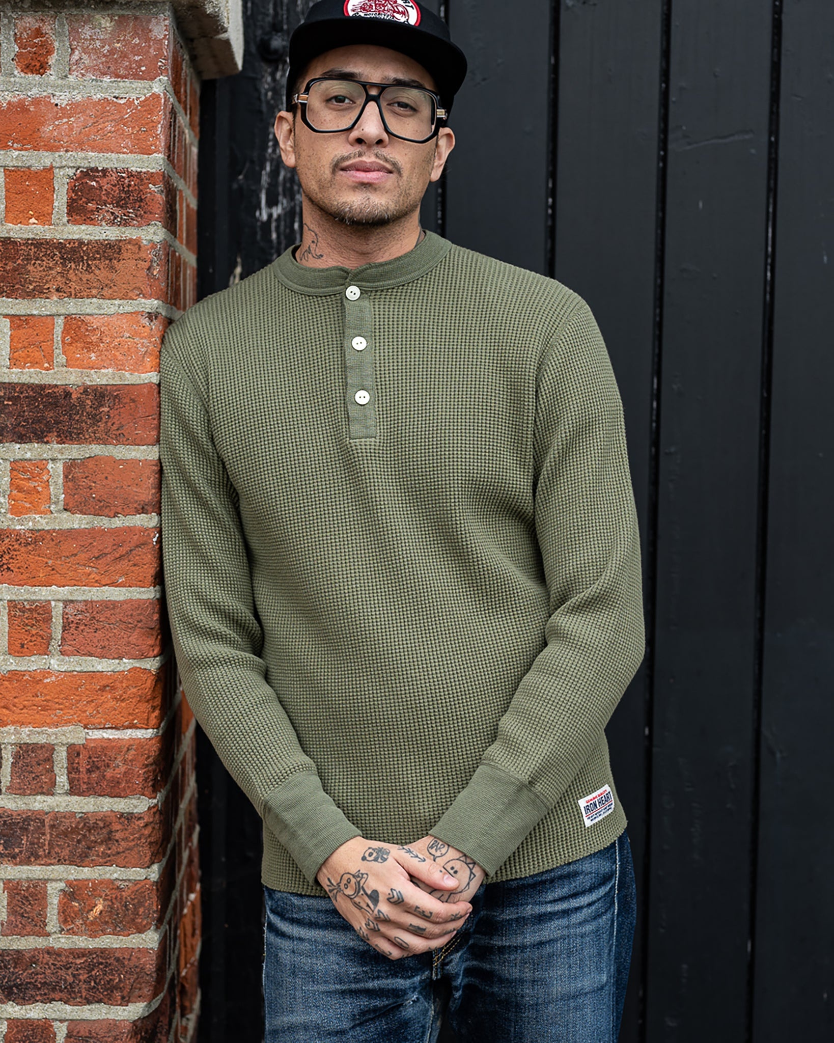 IHTL-1213-OLV Waffle Knit Long Sleeved Thermal Henley - Olive - 4