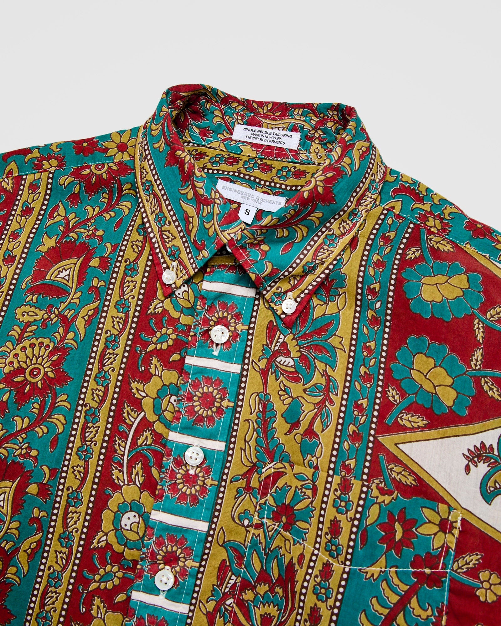 19th Century Button-Down Shirt in Jade Khaki Floral Stripe - 5
