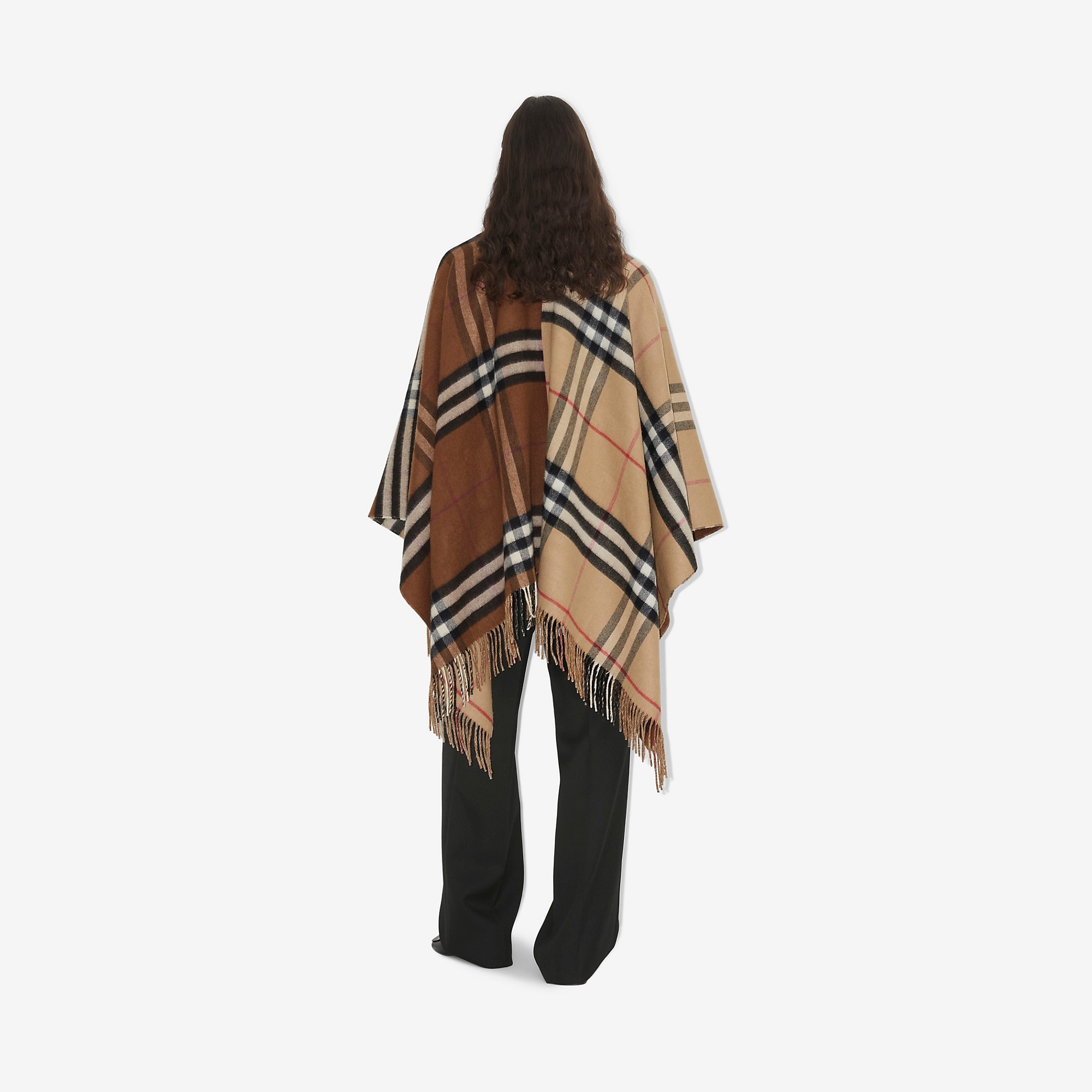 Contrast Check Wool Cashmere Cape - 4