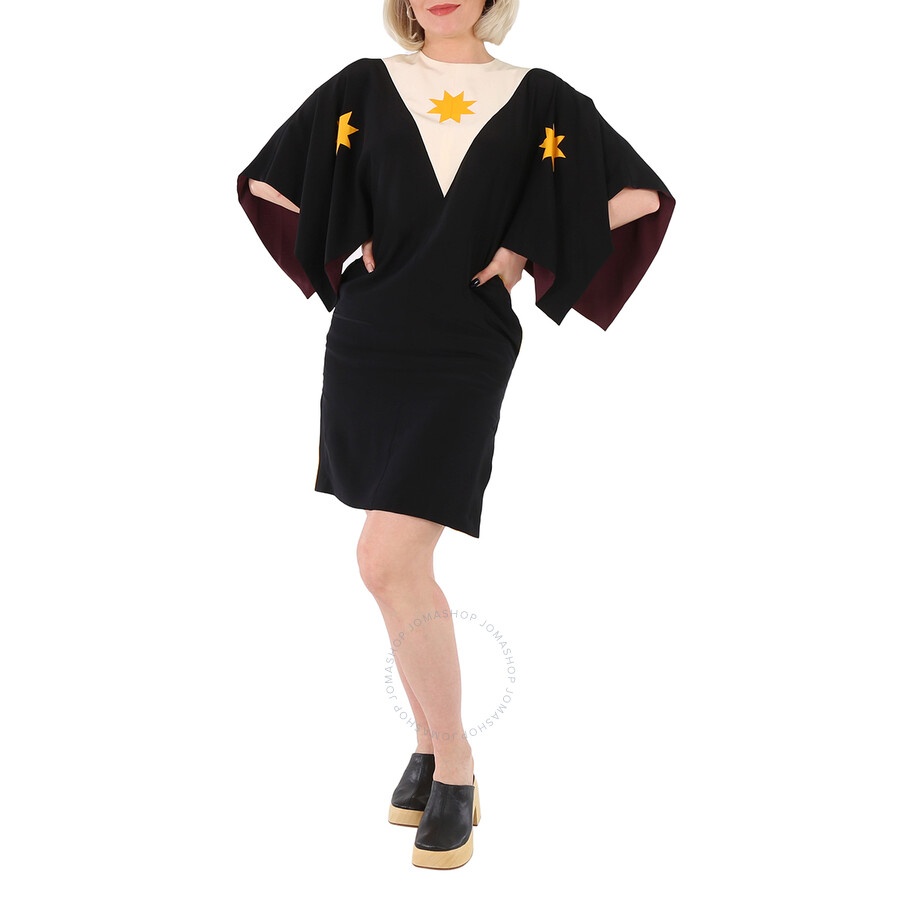 Burberry Ladies Black Geometric Print Silk Crepe De Chine Cape Sleeve Dress - 4