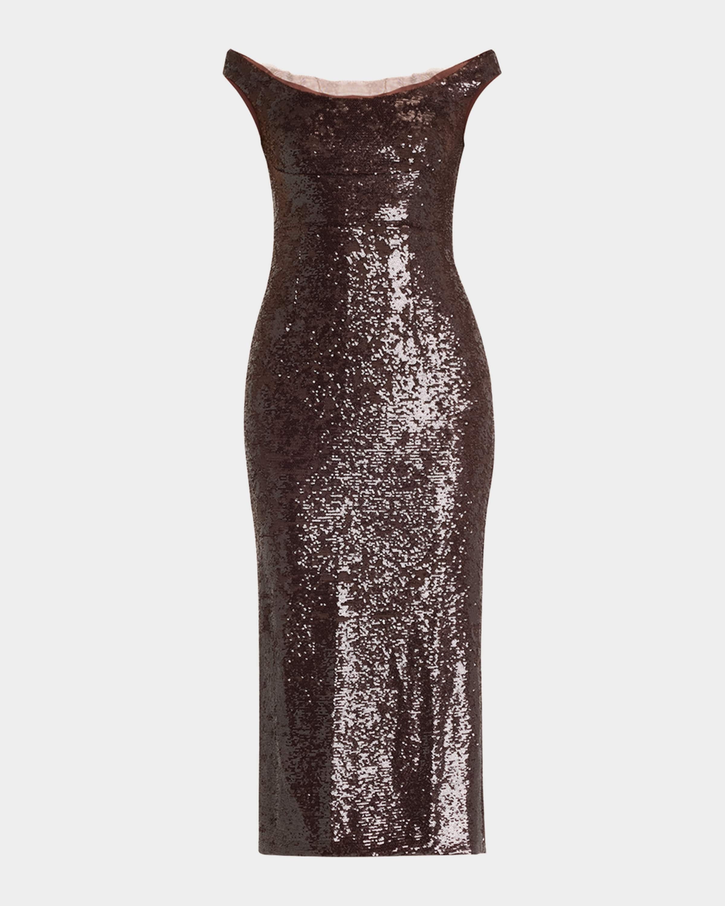 ROLAND MOURET Off-The-Shoulder Sequin Midi Dress