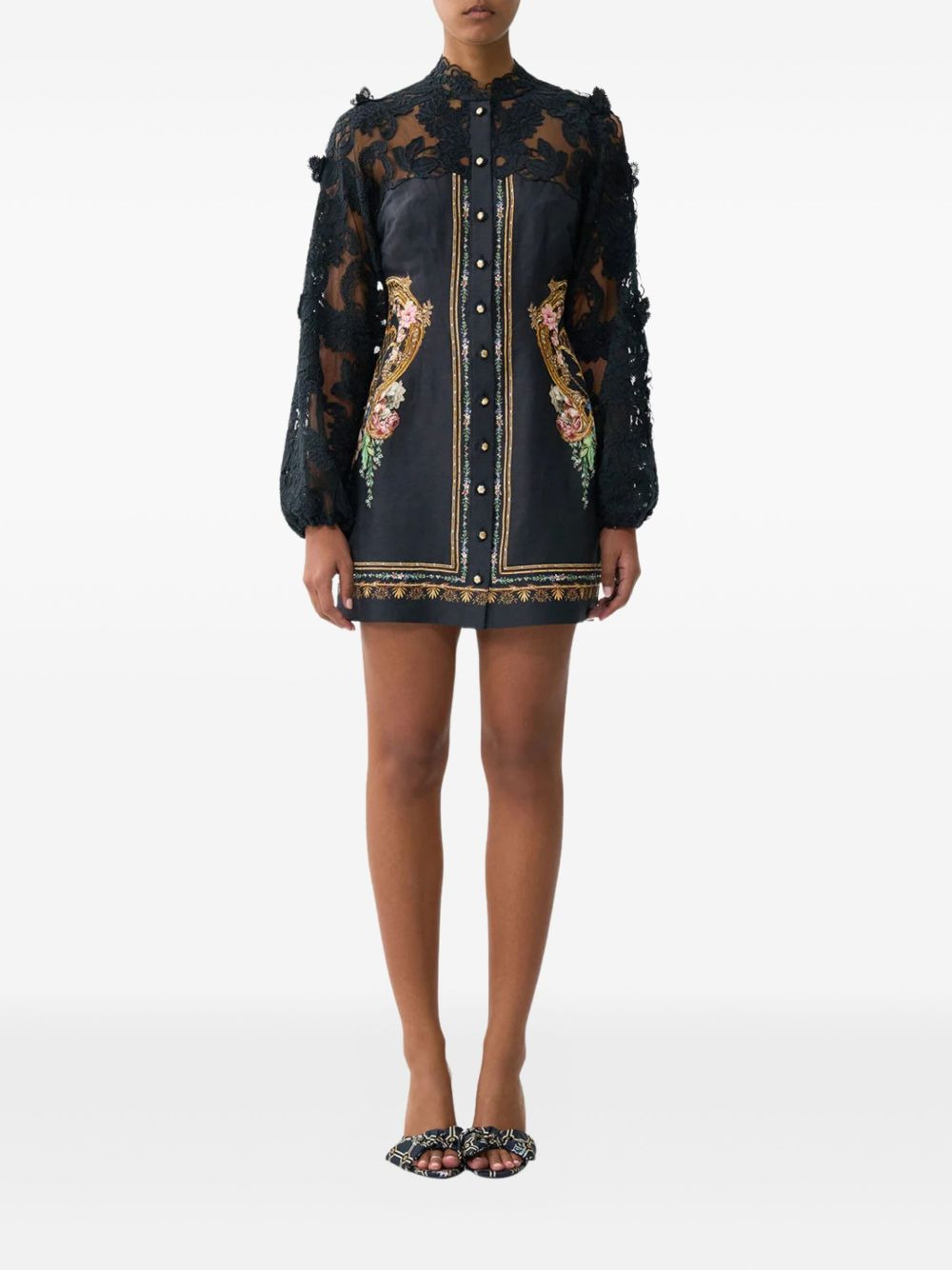 lace-sleeve floral print mini dress - 2