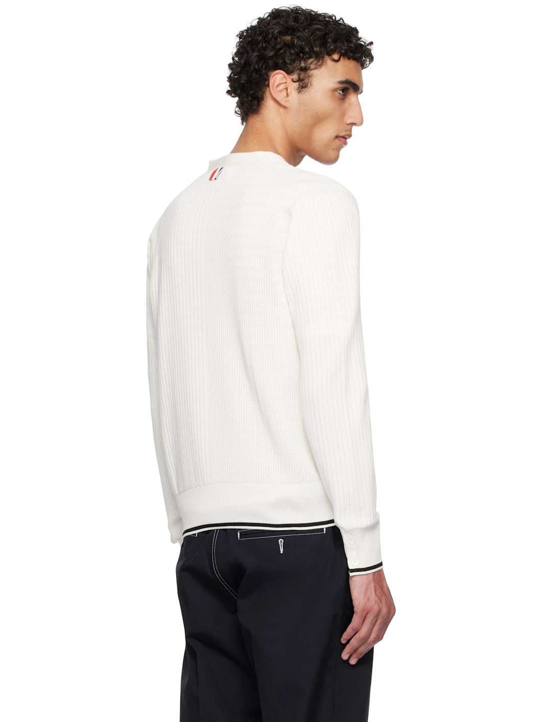 Off-White Half & Half Textured Stitch Relaxed Fit V Neck Cardigan - 3