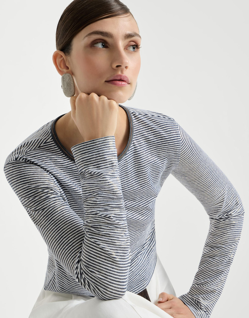 Striped linen lamé jersey top with shiny trim 5