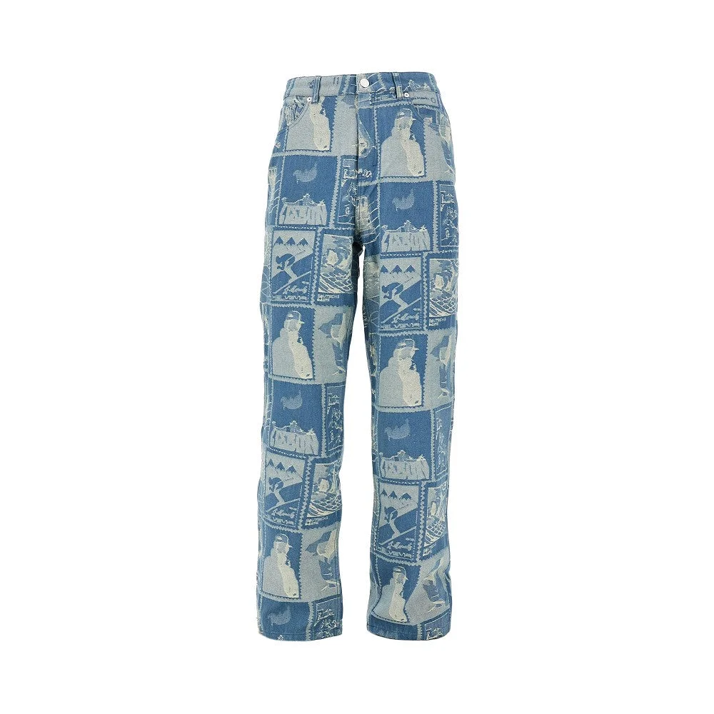 Les Deux Stamp Jacquard Denim Jeans Blue Men - 1