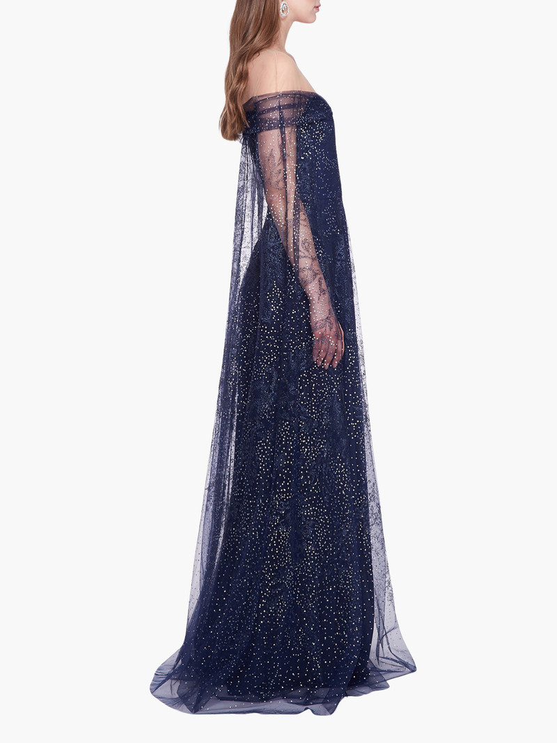 OFF-SHOULDER GLITTER CAPE GOWN 3