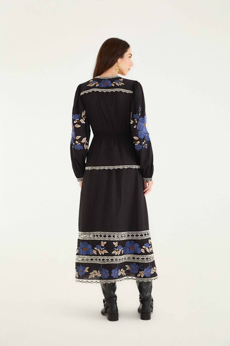 Black Embroidered Flowers Long Sleeve Midi Dress 4
