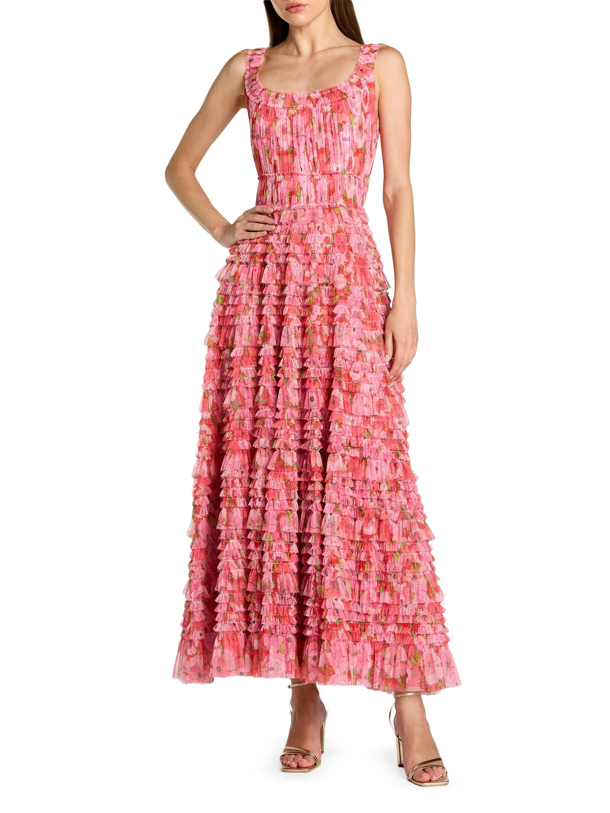 Women's Floral Mesh Ruffled Maxi Dress - Cherry Multi - 1