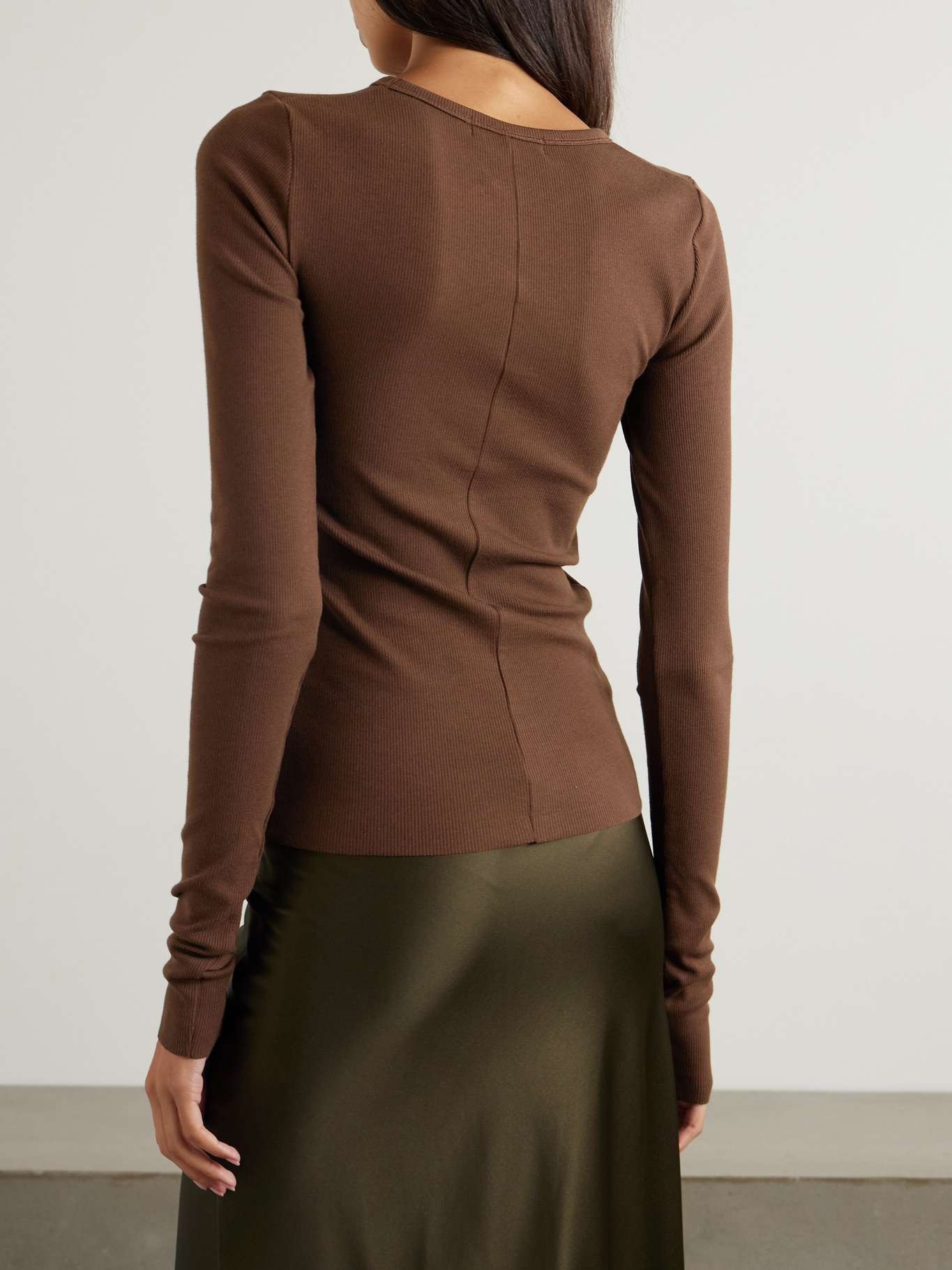 Ribbed stretch cotton and modal-blend top Brown - 3