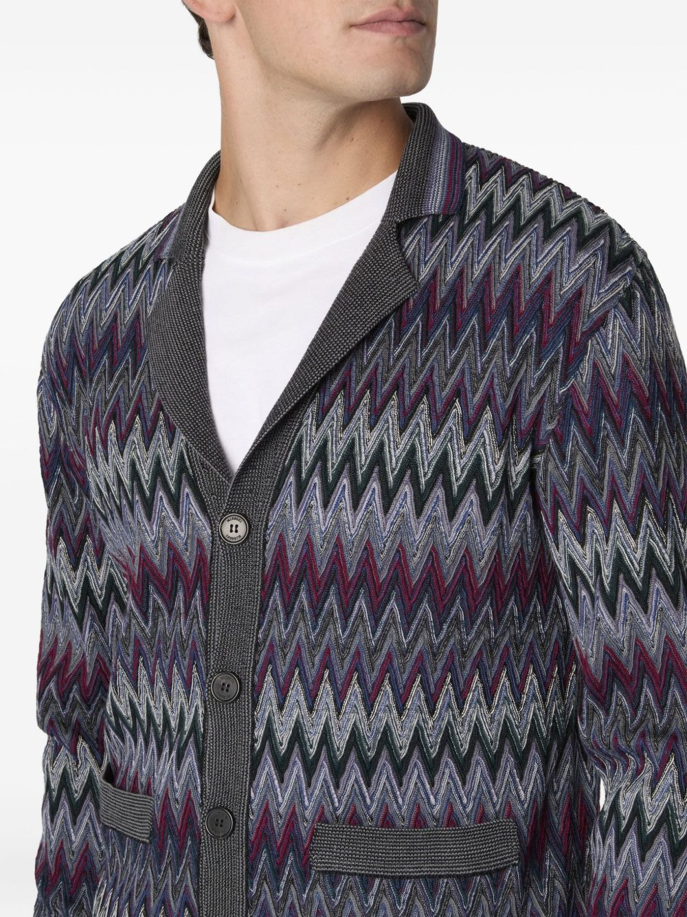 chevron-pattern shawl-collar cardigan - 4
