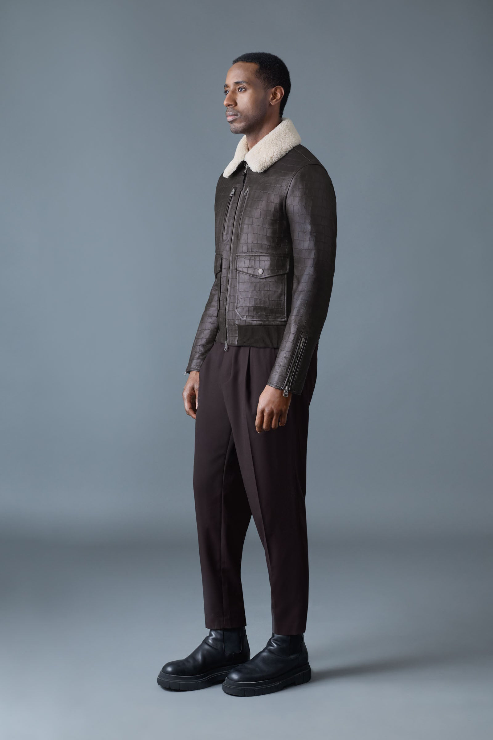 CHANCE-NV Croc-Embossed Leather Jacket with Shearling Collar - 4