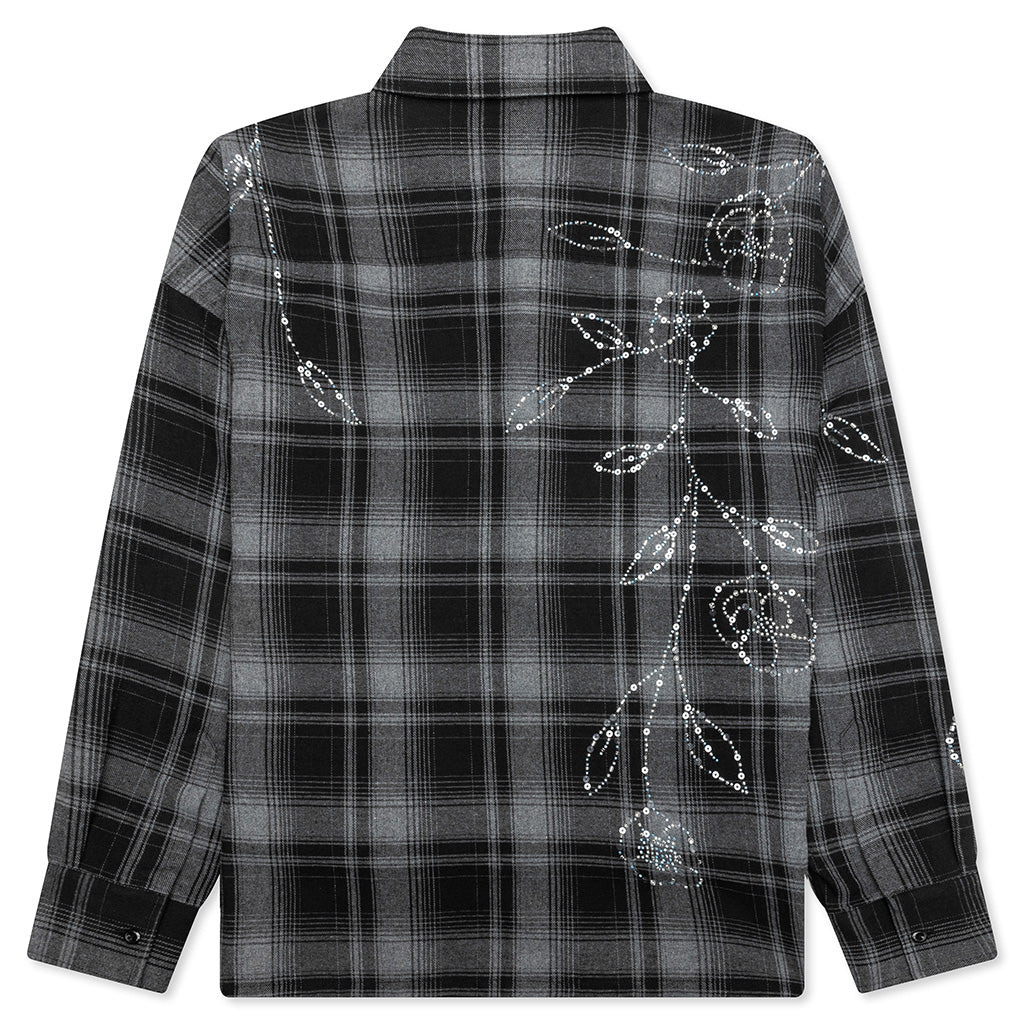 PLAID BEADED OVERSIZED SHIRT - BLACK - 2