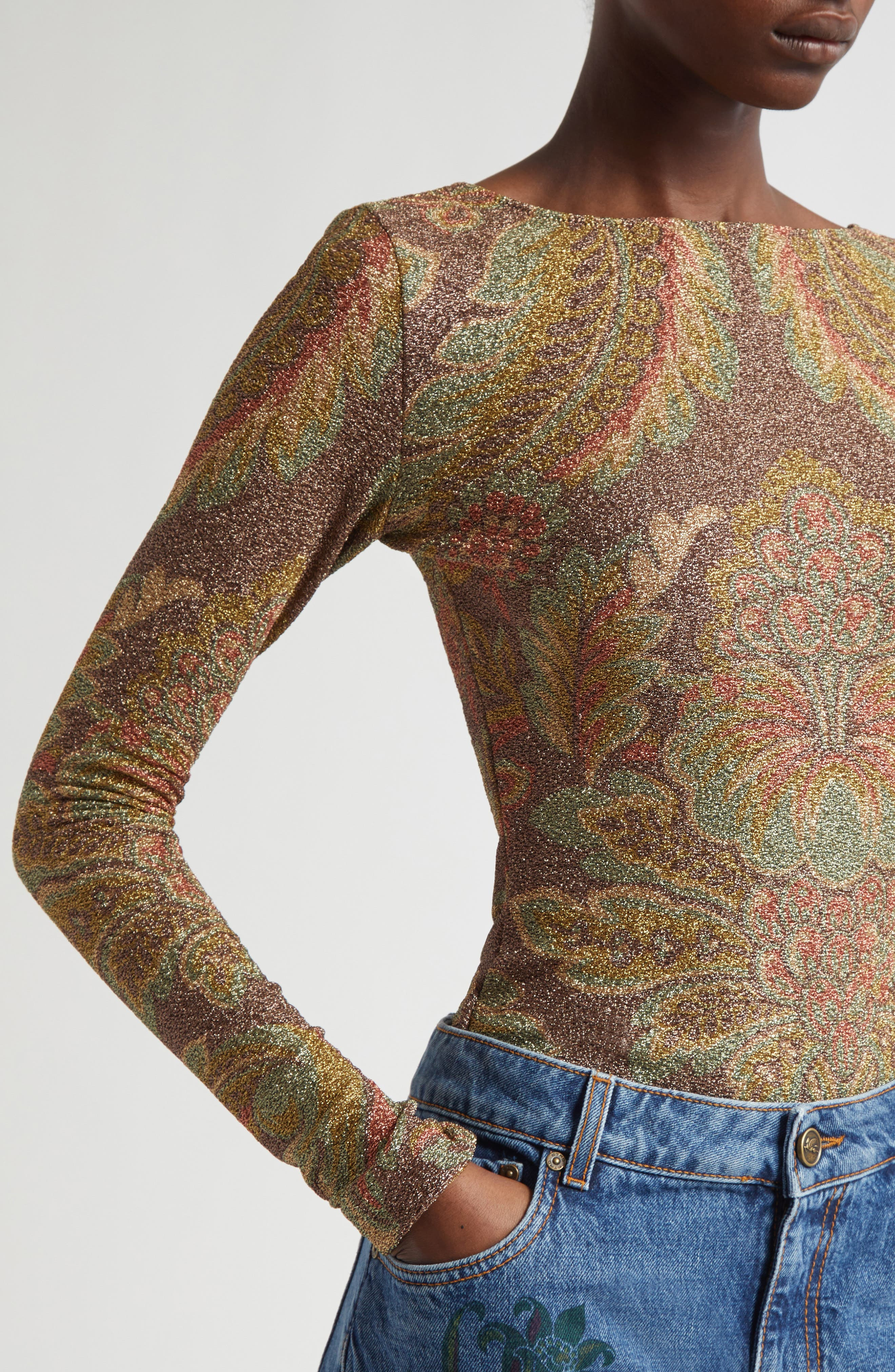 Etro Paisley Metallic Long Sleeve Top in Print On Black Base at Nordstrom - 5