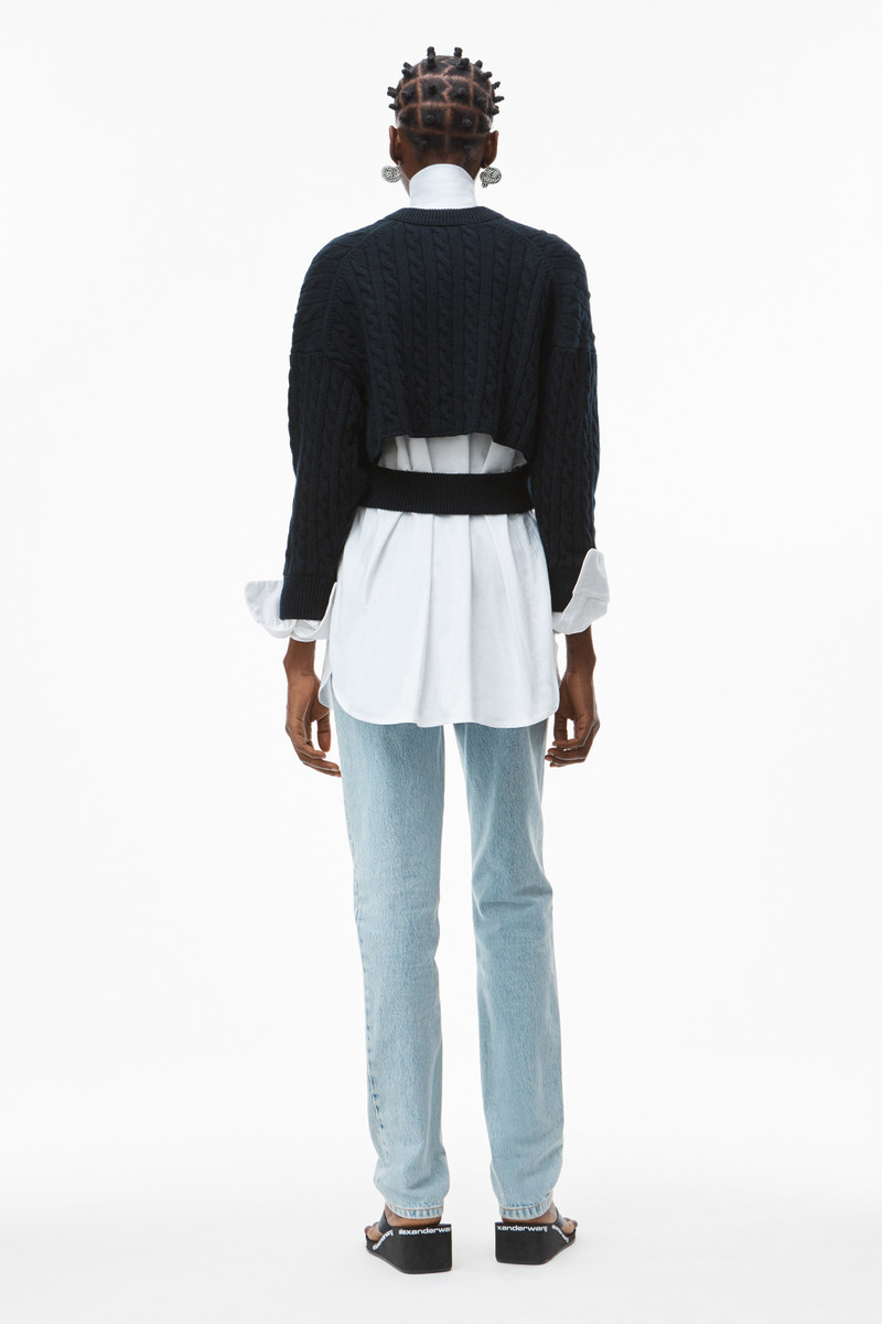 HYBRID TOP IN COTTON OXFORD AND WOOL CABLE 4