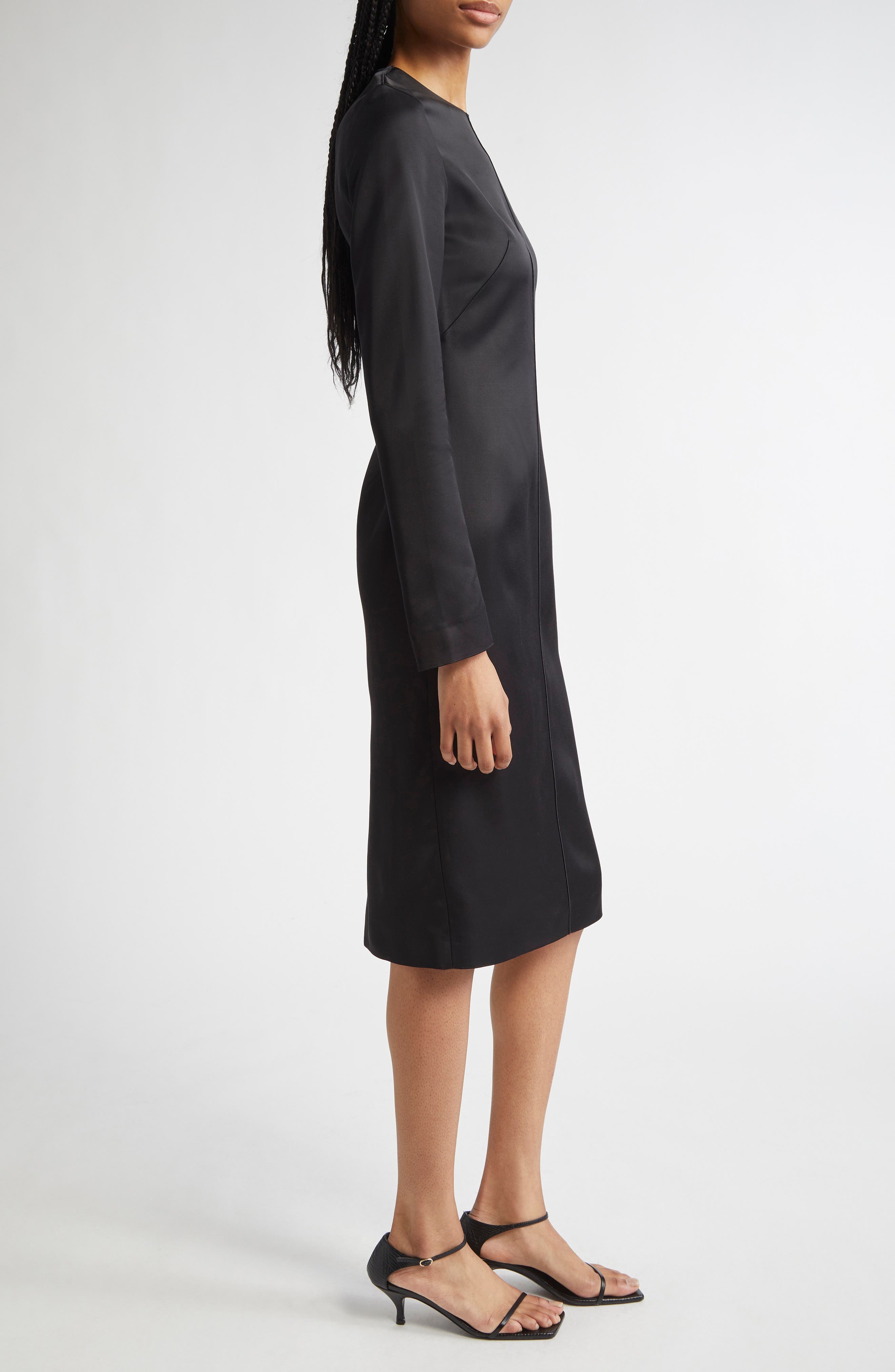TOTEME Lean Long Sleeve Satin Midi Dress in Black at Nordstrom - 3