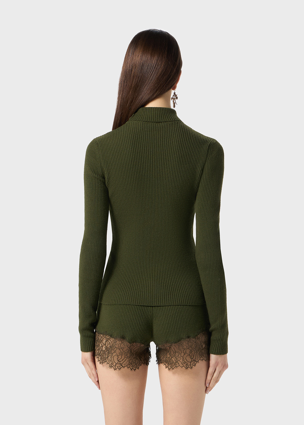 STRETCH RIBBED SWEATER WITH LACE AND SATIN INSERTS - 4