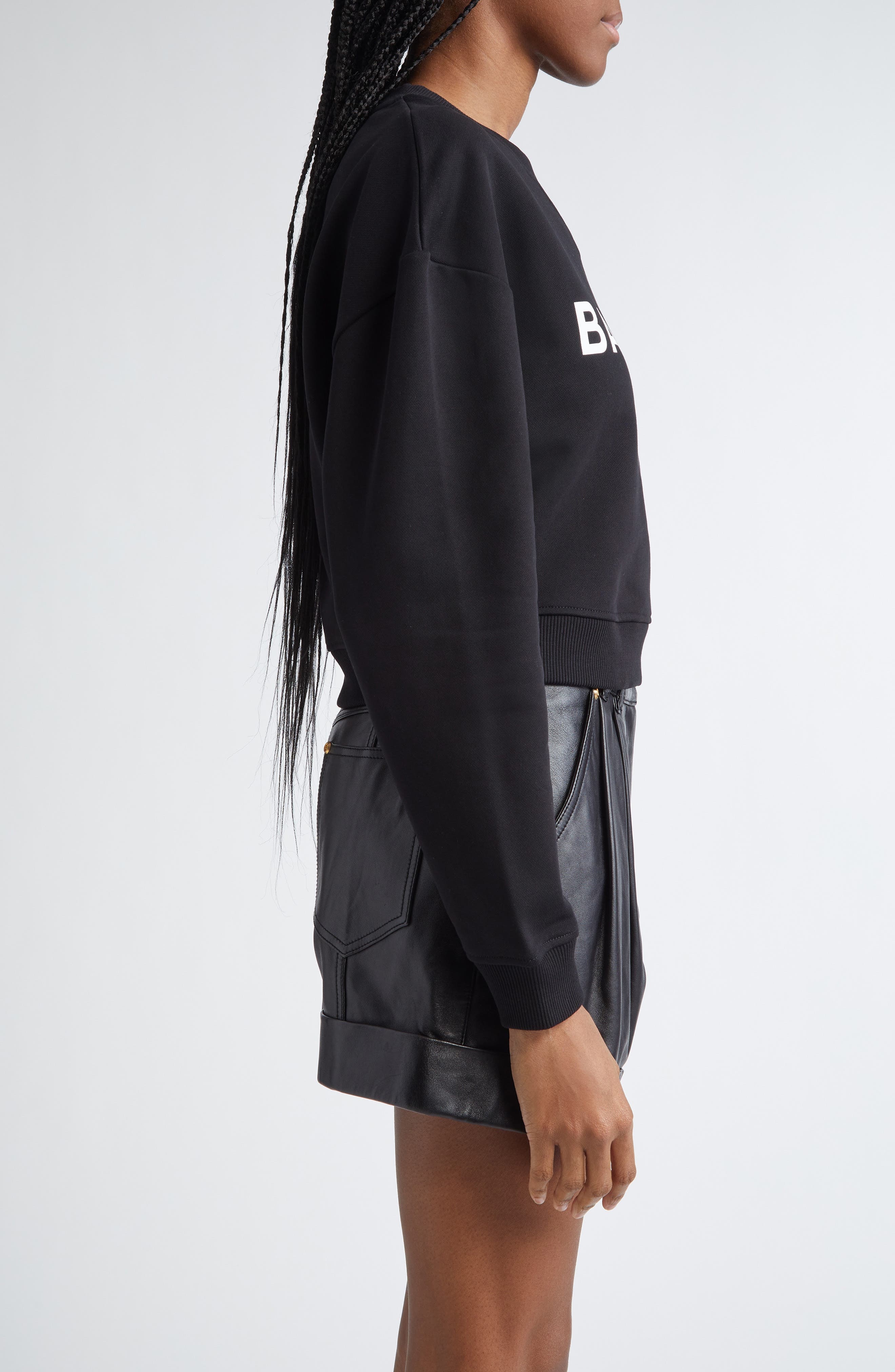 Balmain Crop Logo Graphic Sweatshirt in Eab Black/White at Nordstrom - 4