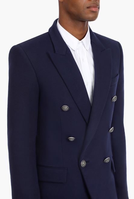 Navy blue double-breasted cotton blazer - 5