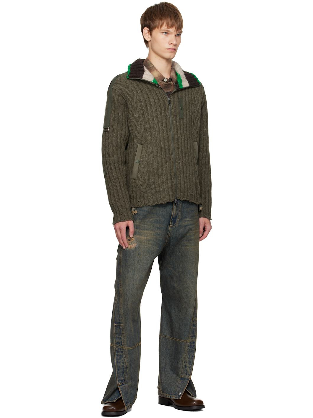 Khaki Stripe High-Neck Zip-Up Sweater - 4