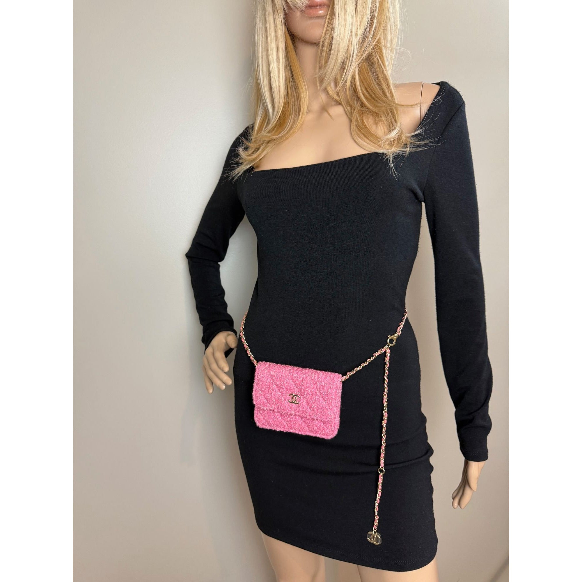 Chanel Tweed Quilted Mini Flap Pink Chain Waist Shoulder Bag - 14