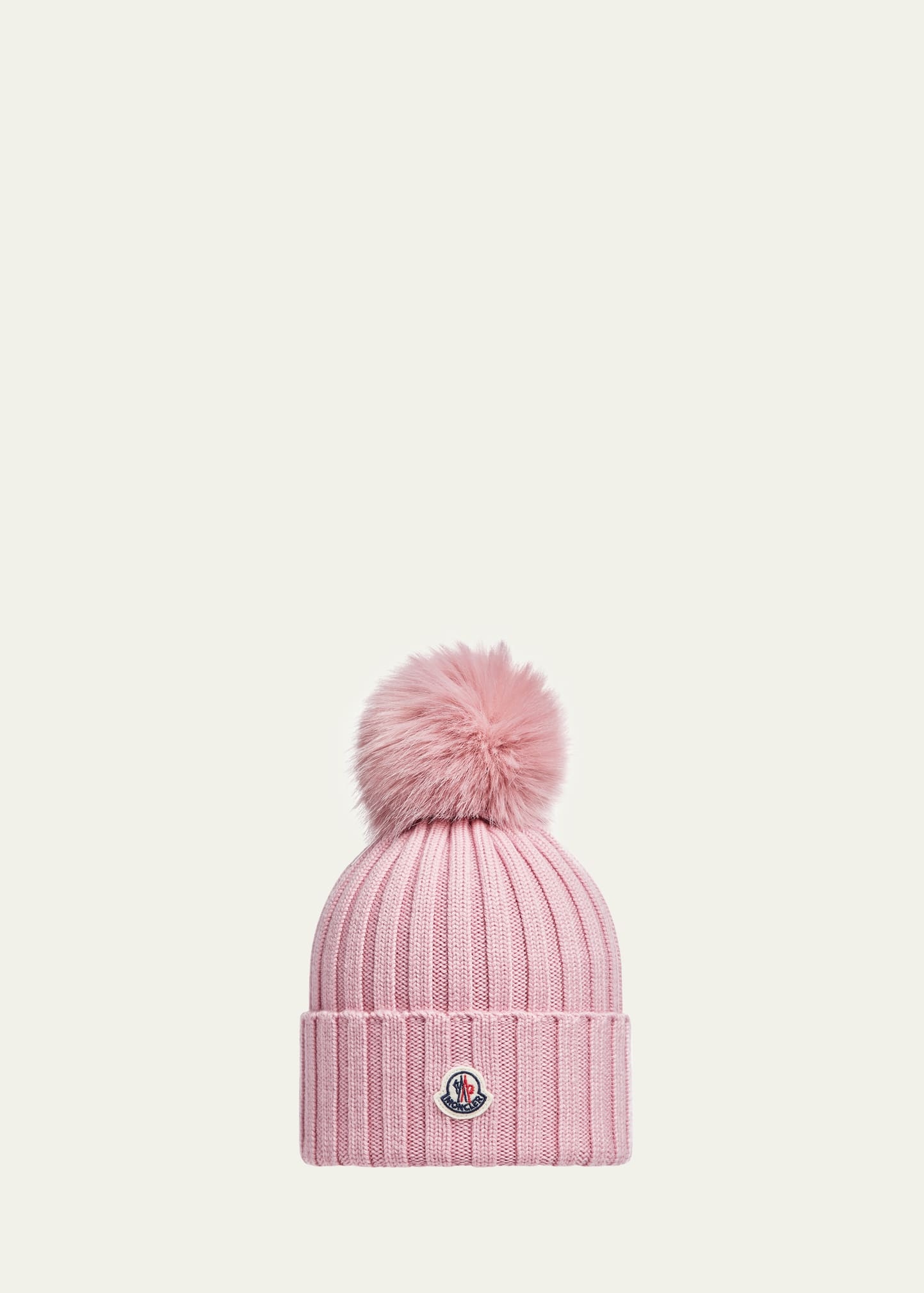 Ribbed Wool Beanie with Faux Fur Pom - 1