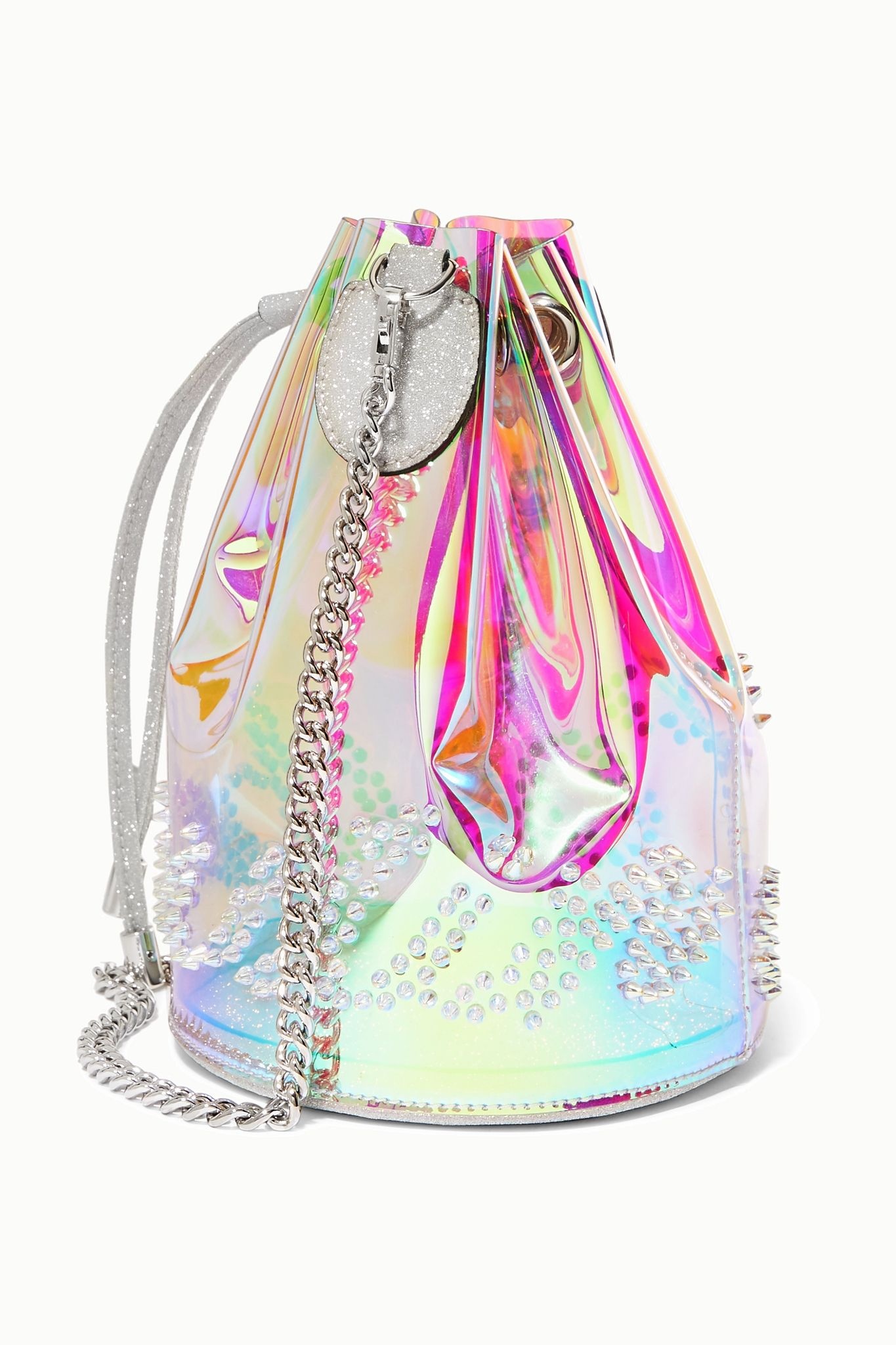 Marie Jane spiked iridescent PVC and glittered-leather bucket bag - 3