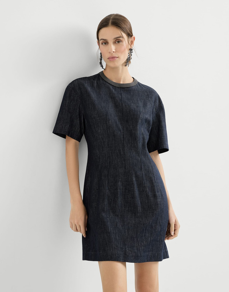 Cotton denim-effect twill t-shirt dress with precious collar 5