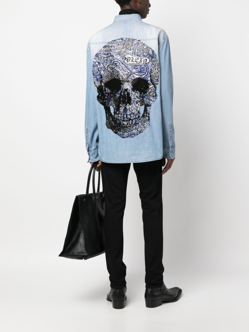 rhinestone skull-print denim shirt - 2