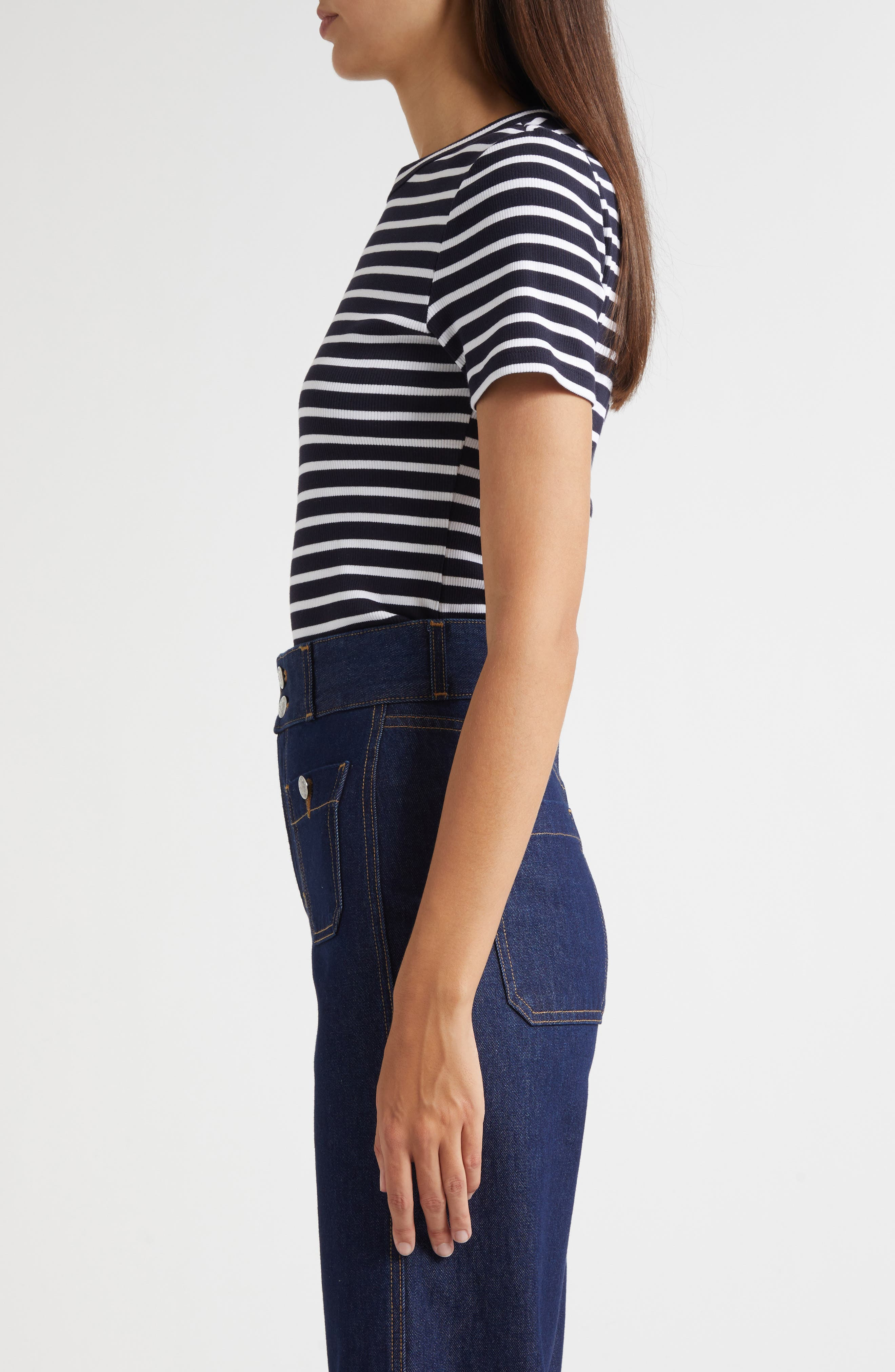 Veronica Beard Pruitt Stripe Stretch Cotton T-Shirt in Navy White at Nordstrom - 4
