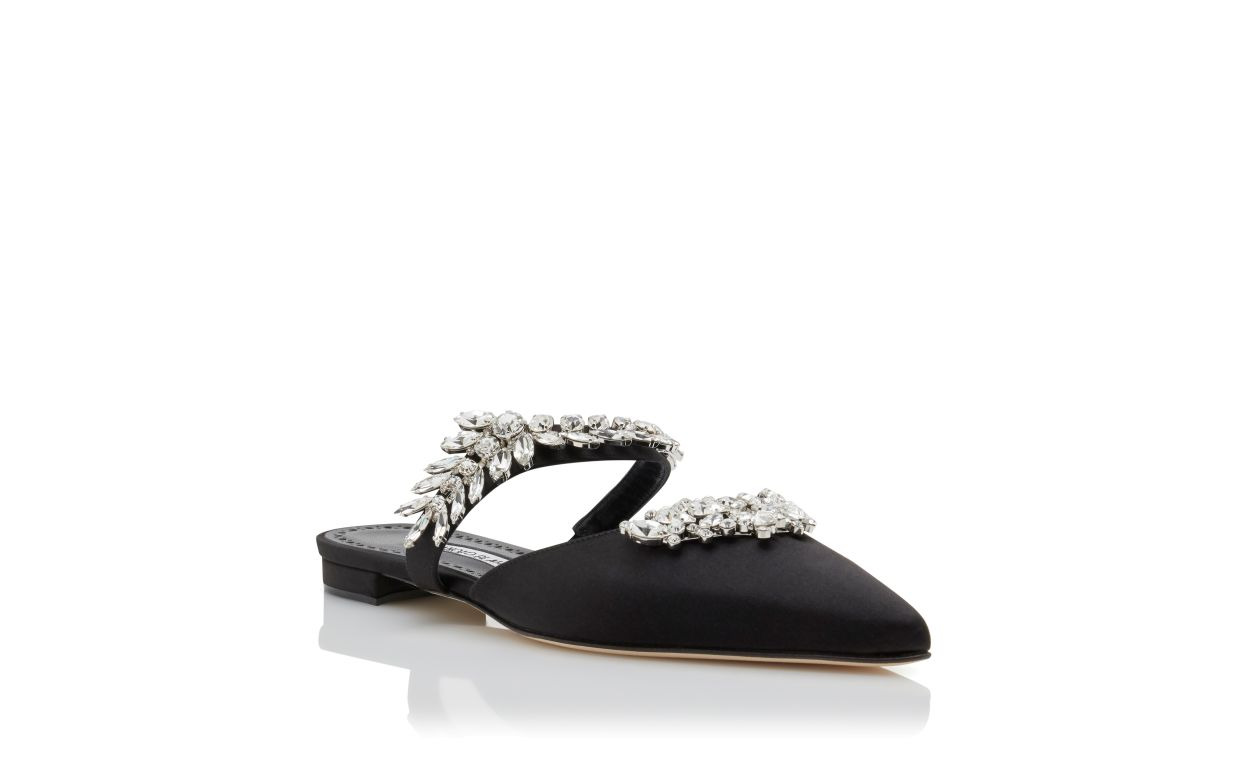 Black Satin Crystal Embellished Flat Mules - 3