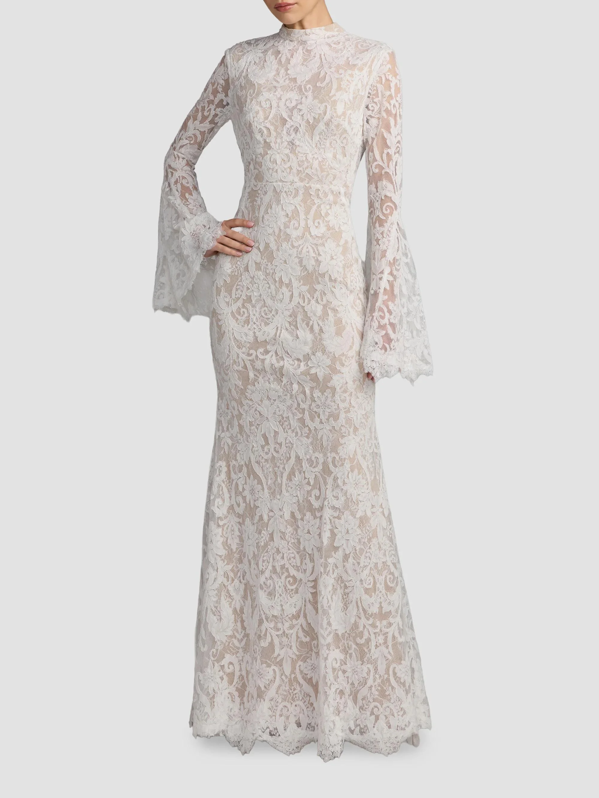 Women's Lace Flare Sleeve Mermaid Gown - Ivory Beige - 1
