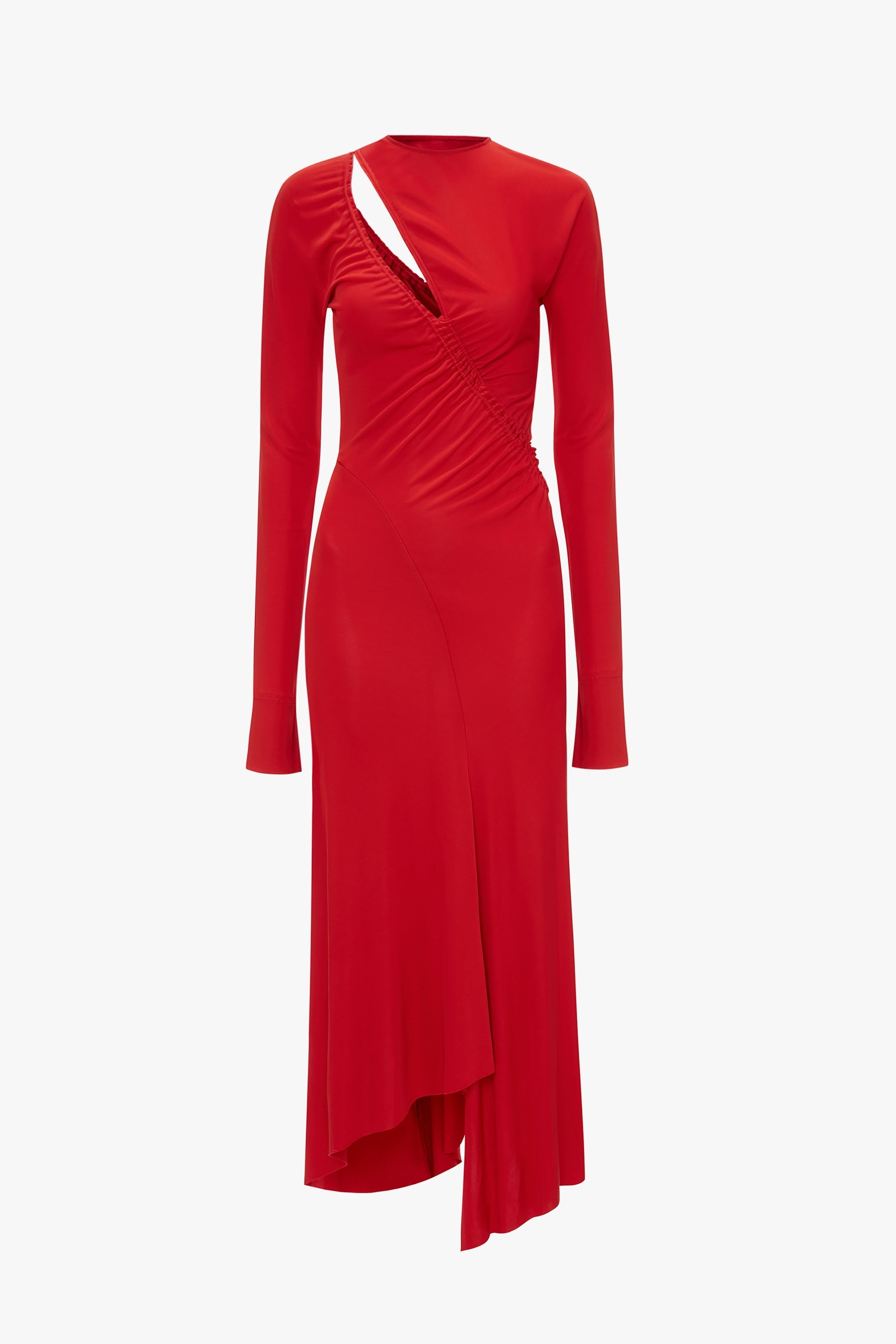 Asymmetric Slash Jersey Dress In Crimson - 1