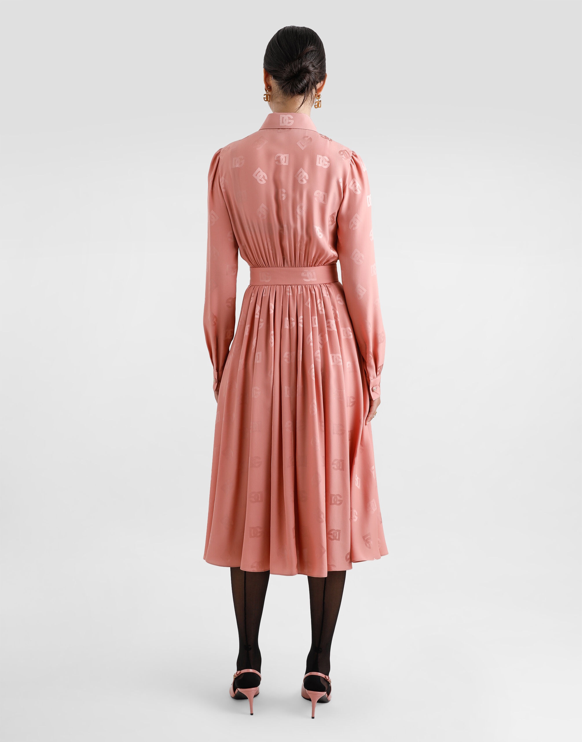 Silk satin jacquard shirt dress with DG logo - 3