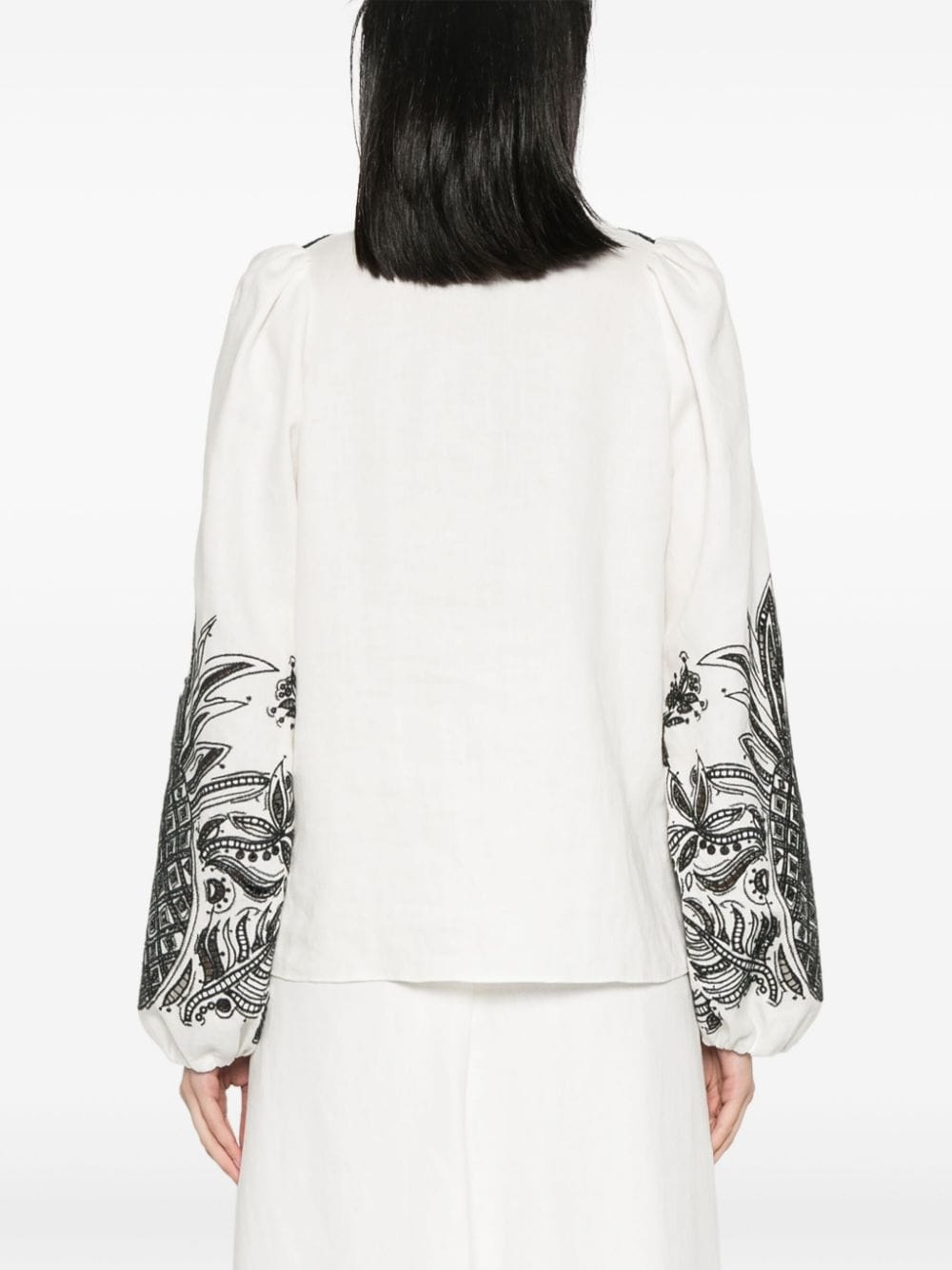 pineapple embroidery lace-up linen blouse - 4