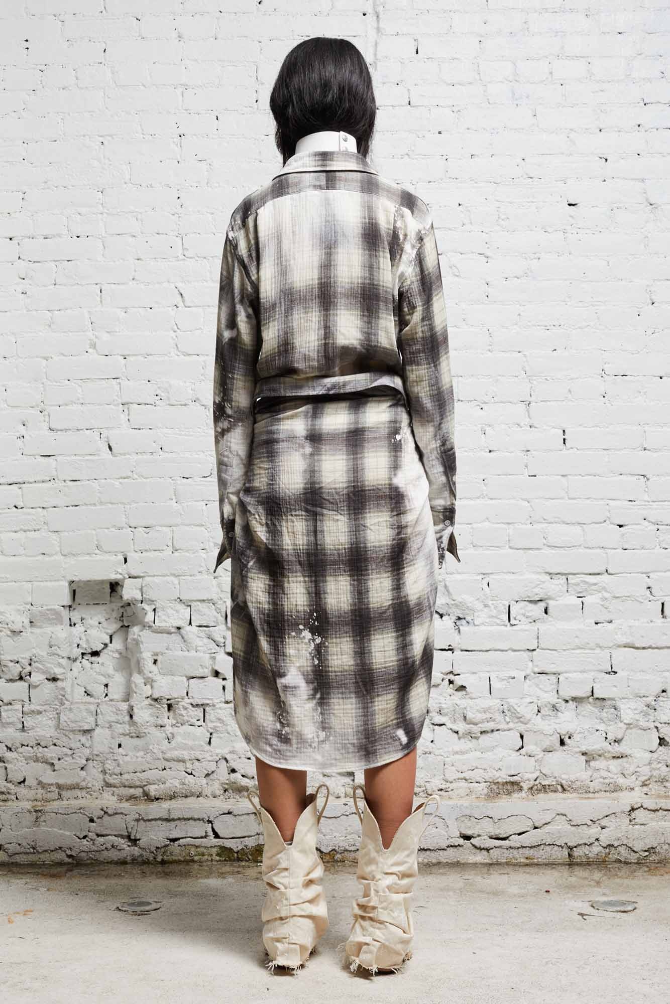 TIE SHIRTDRESS - BLEACHED GREY PLAID - 6