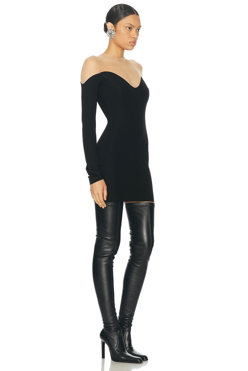 Wave Neckline Long Sleeve Mini Dress - 2