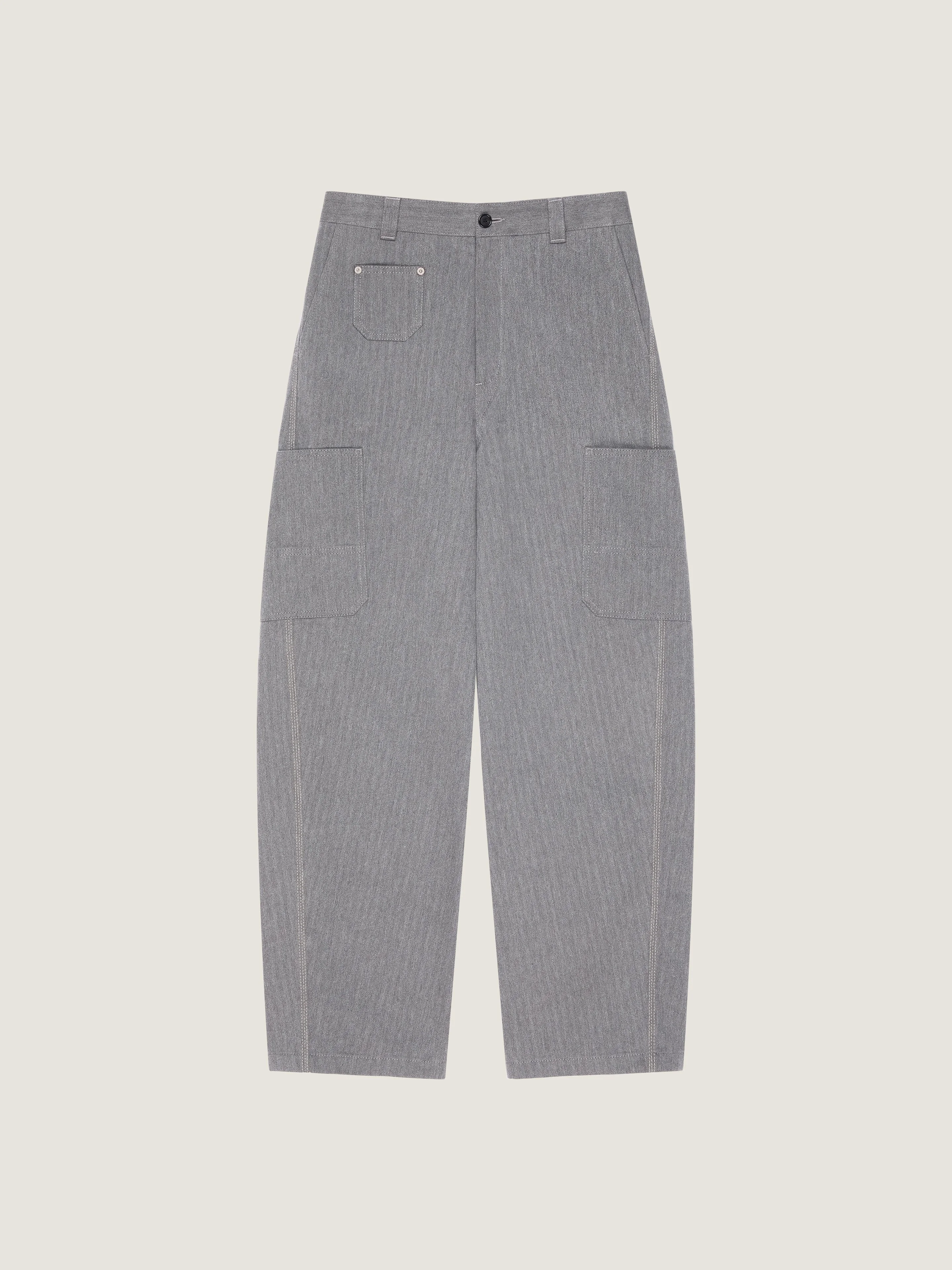 COUTURE SEAM CARGO TROUSERS IN HERRINGBONE DENIM - 1